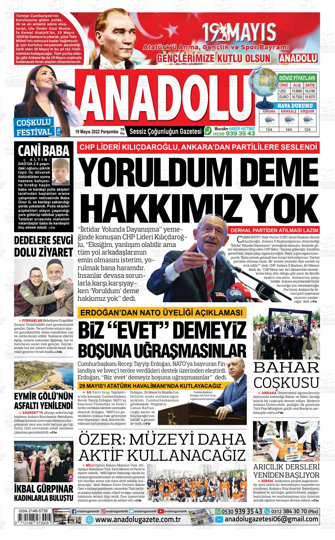 19 Mayıs 2022 Ankara Anadolu Gazete Manşeti