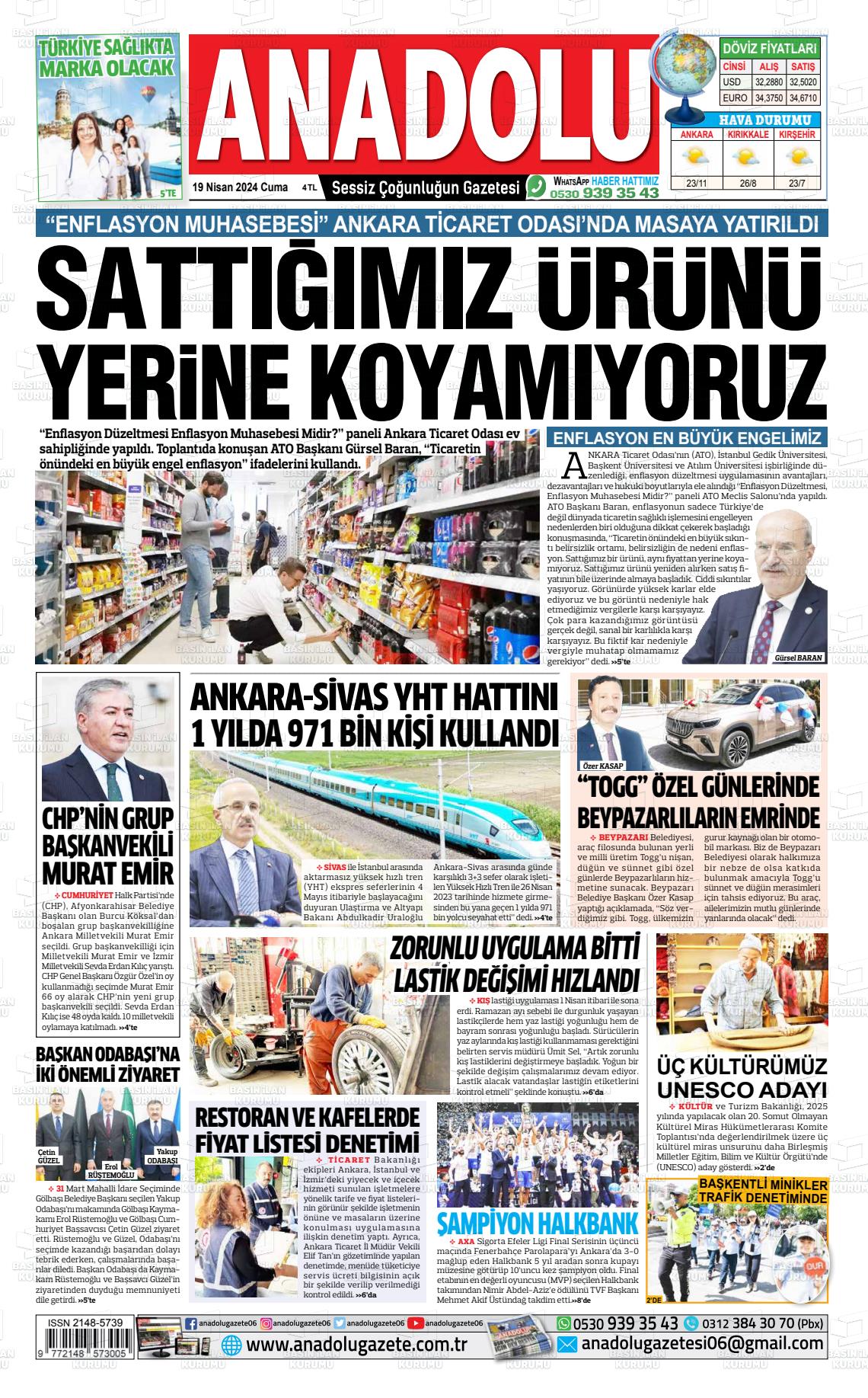 19 Nisan 2024 Ankara Anadolu Gazete Manşeti