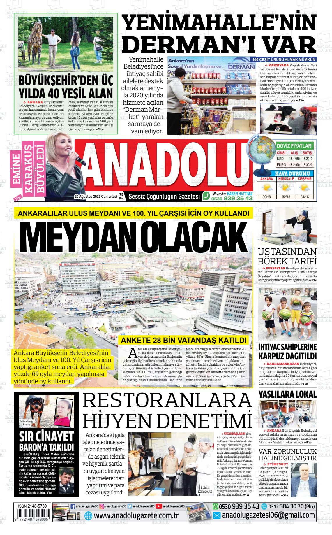 20 Ağustos 2022 Ankara Anadolu Gazete Manşeti