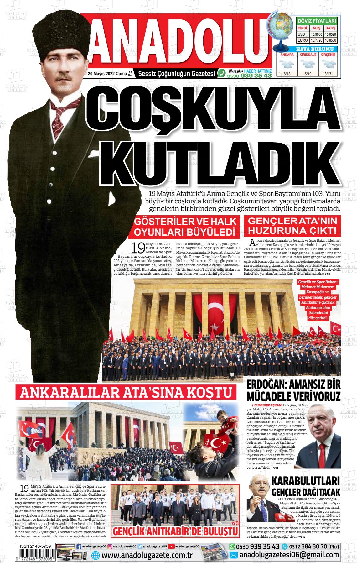 20 Mayıs 2022 Ankara Anadolu Gazete Manşeti