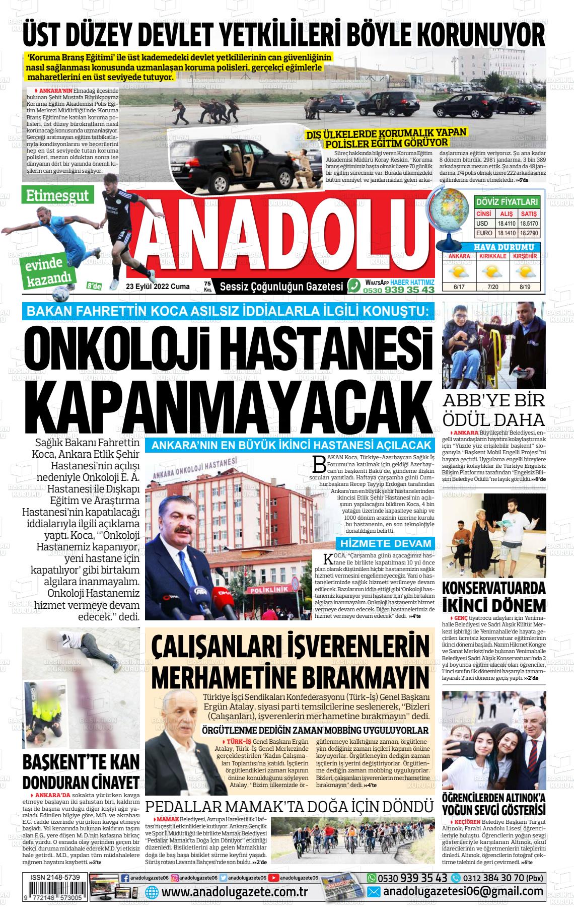 23 Eylül 2022 Ankara Anadolu Gazete Manşeti