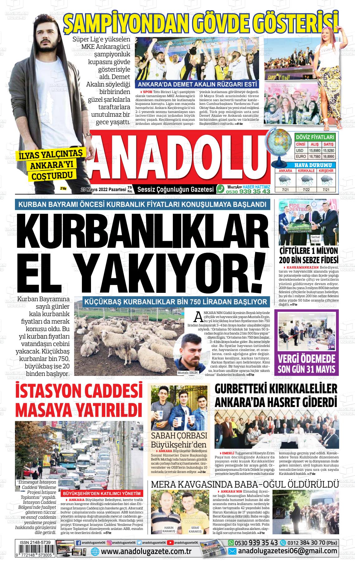 23 Mayıs 2022 Ankara Anadolu Gazete Manşeti