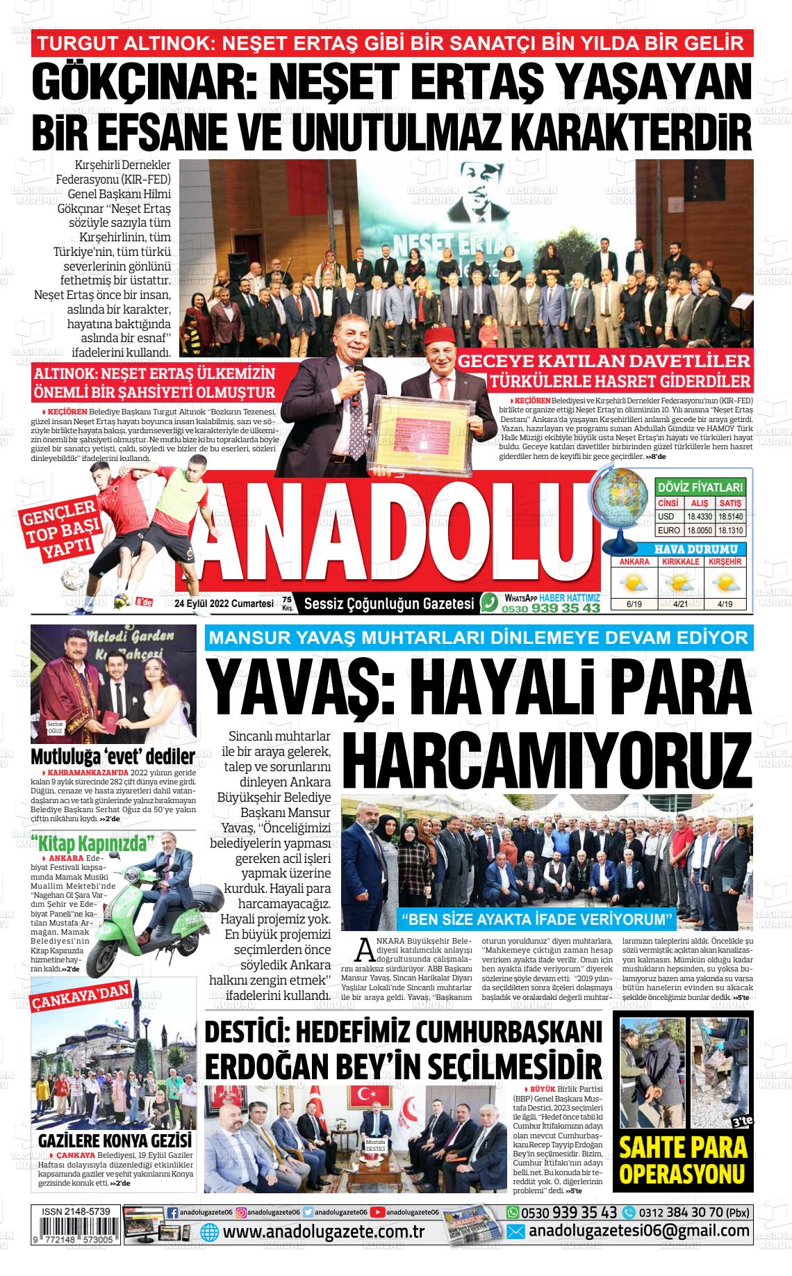 24 Eylül 2022 Ankara Anadolu Gazete Manşeti