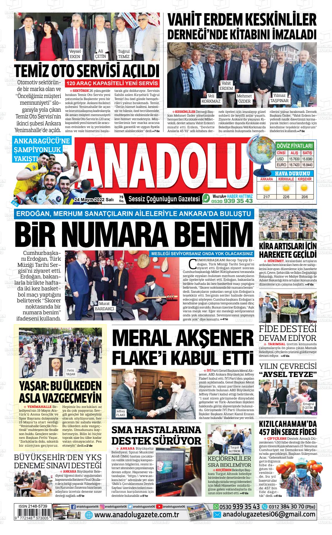 24 Mayıs 2022 Ankara Anadolu Gazete Manşeti