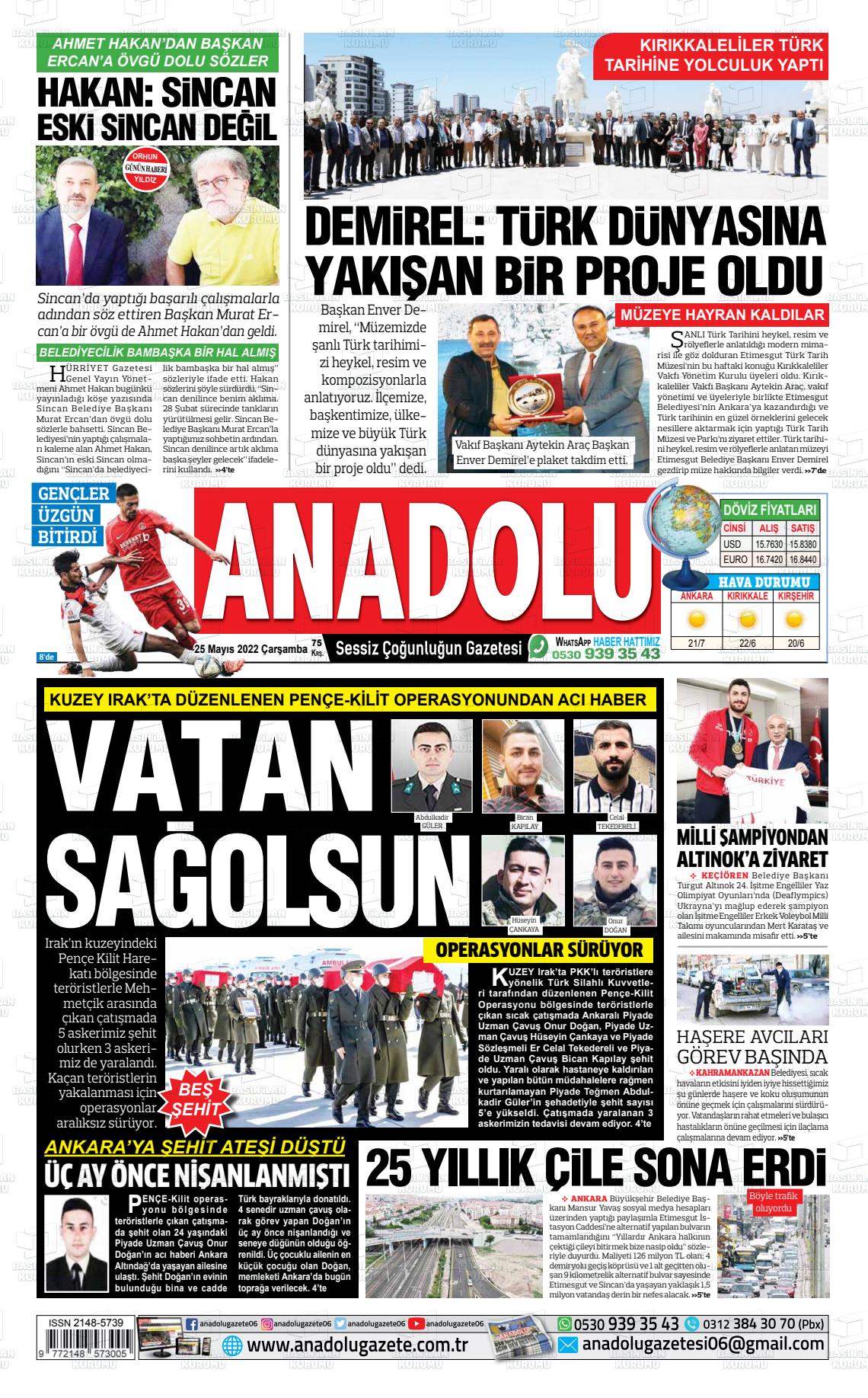 25 Mayıs 2022 Ankara Anadolu Gazete Manşeti