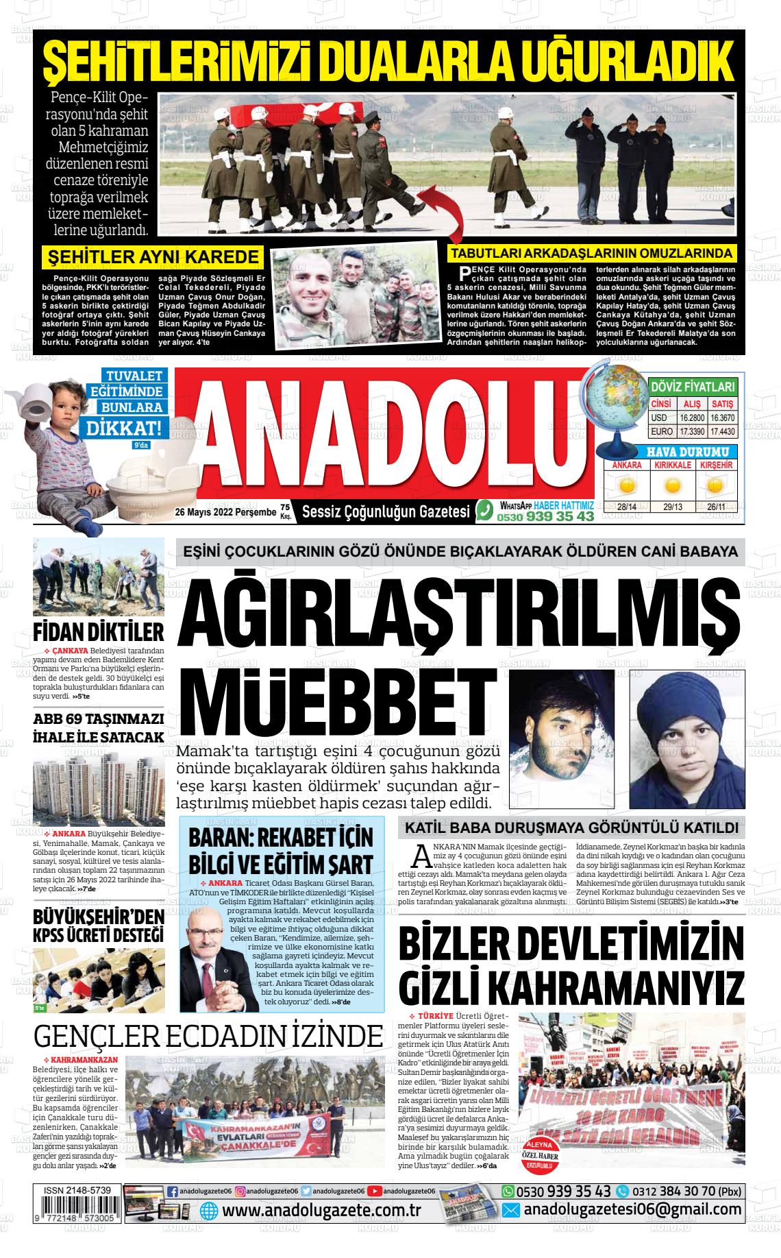 26 Mayıs 2022 Ankara Anadolu Gazete Manşeti