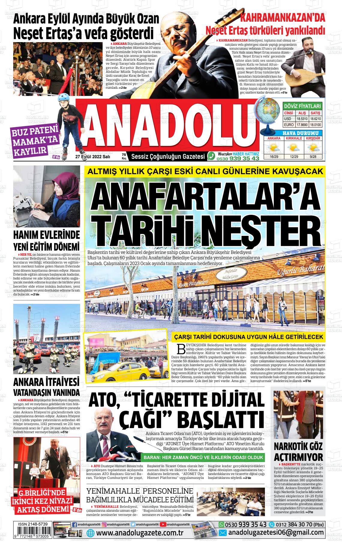 27 Eylül 2022 Ankara Anadolu Gazete Manşeti