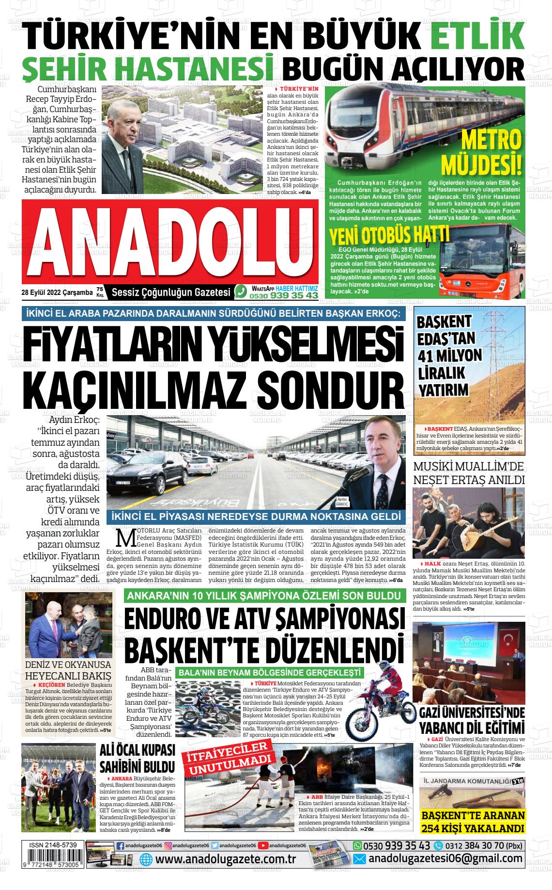 28 Eylül 2022 Ankara Anadolu Gazete Manşeti