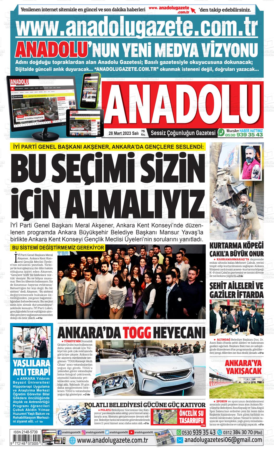 28 Mart 2023 Ankara Anadolu Gazete Manşeti