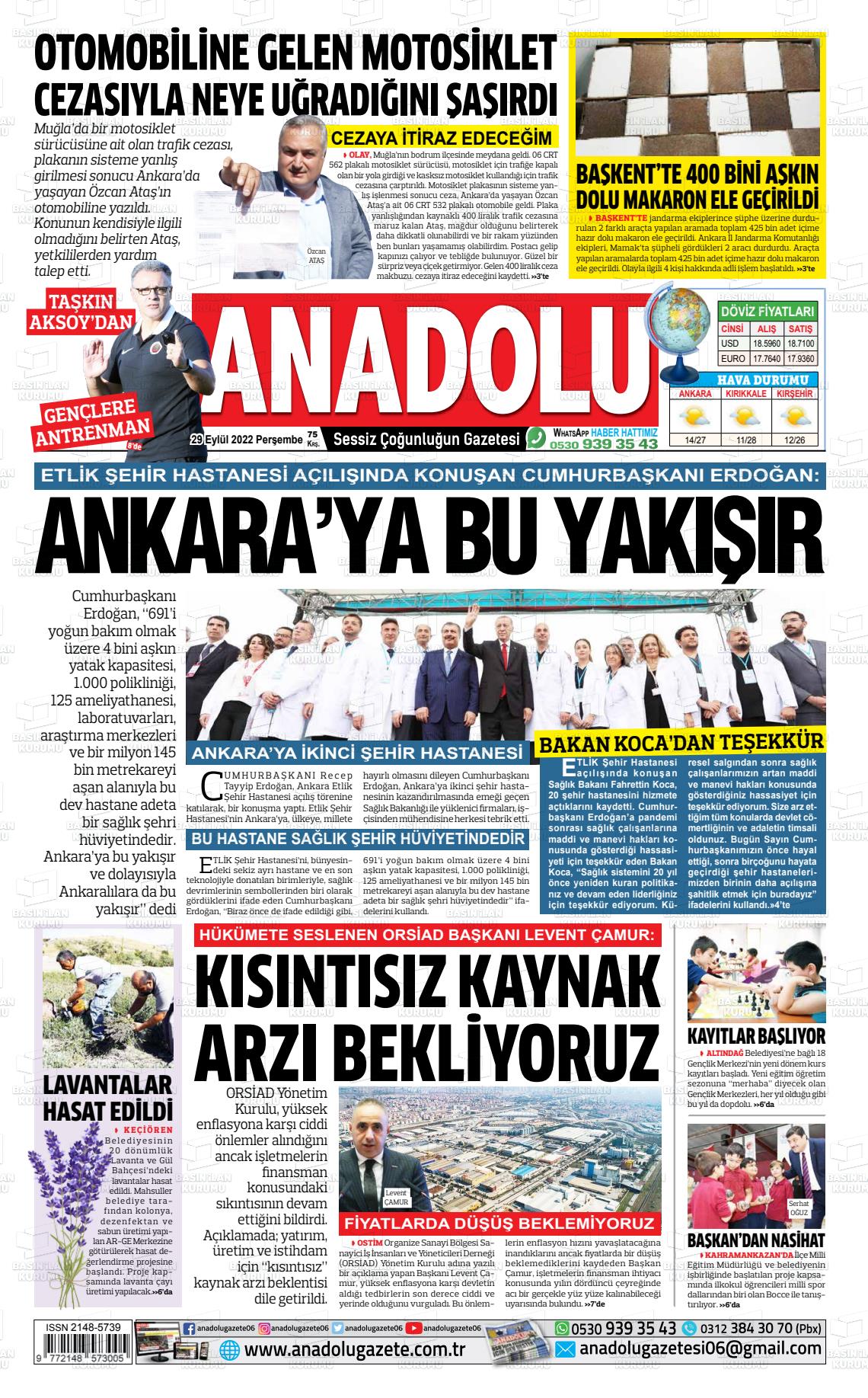 29 Eylül 2022 Ankara Anadolu Gazete Manşeti