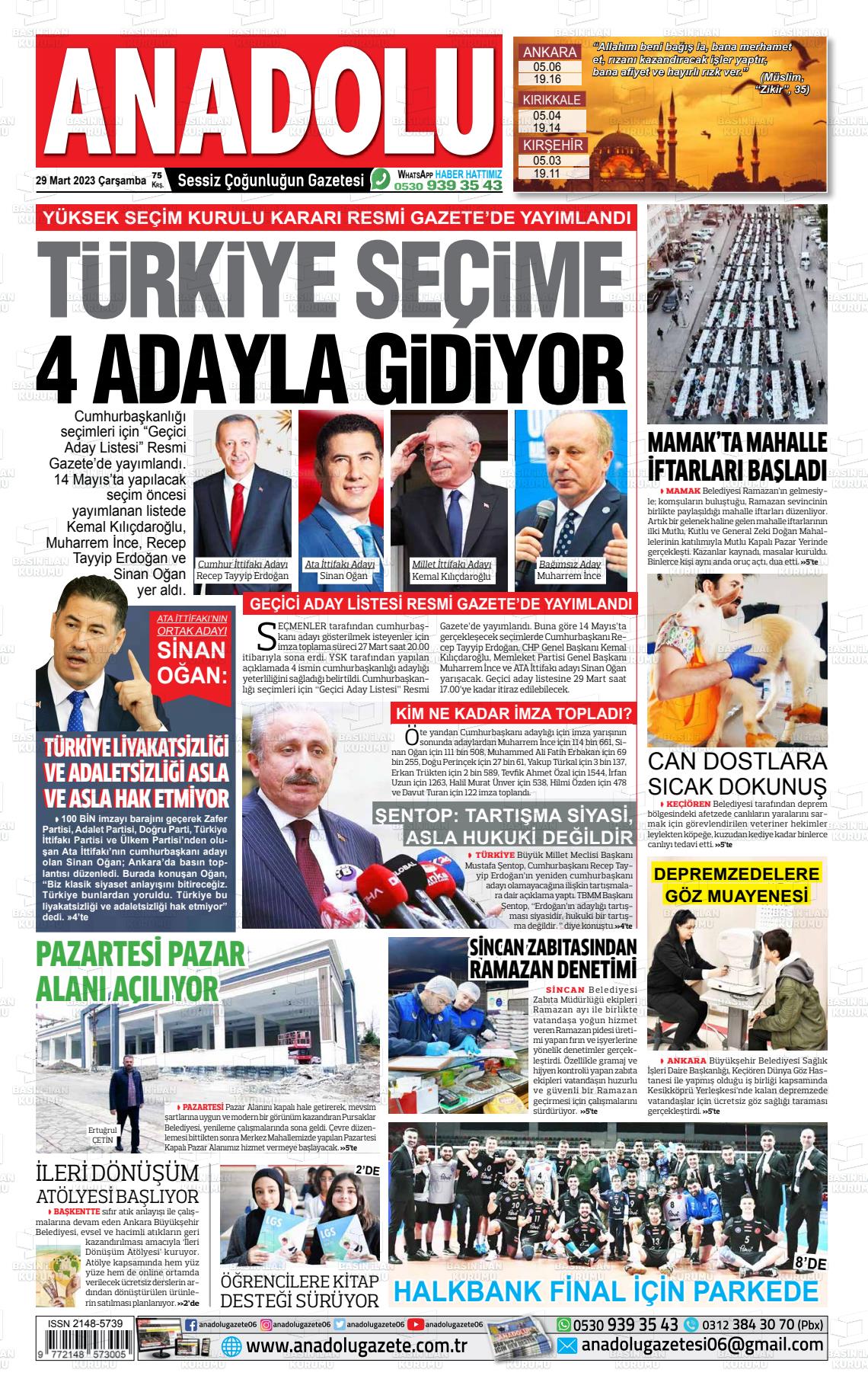 29 Mart 2023 Ankara Anadolu Gazete Manşeti