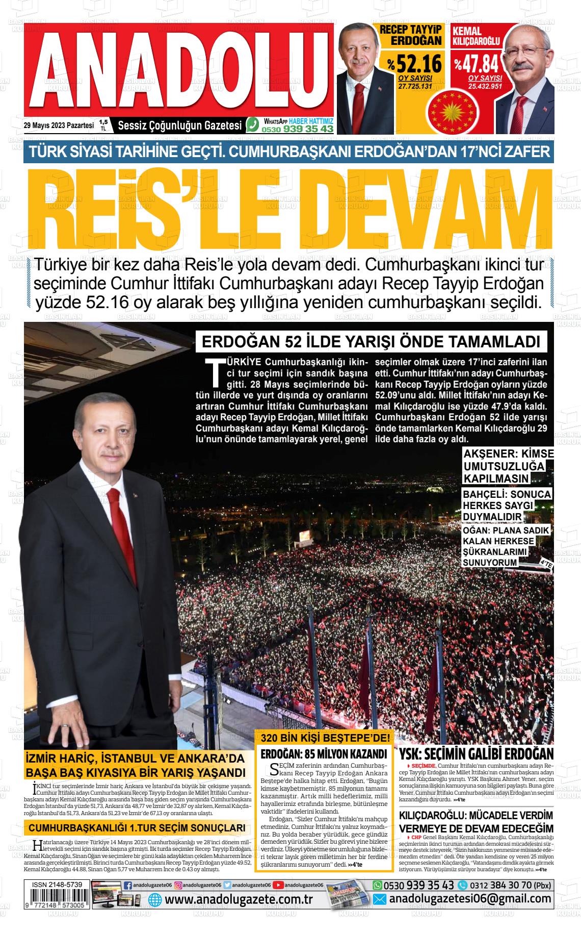 29 Mayıs 2023 Ankara Anadolu Gazete Manşeti