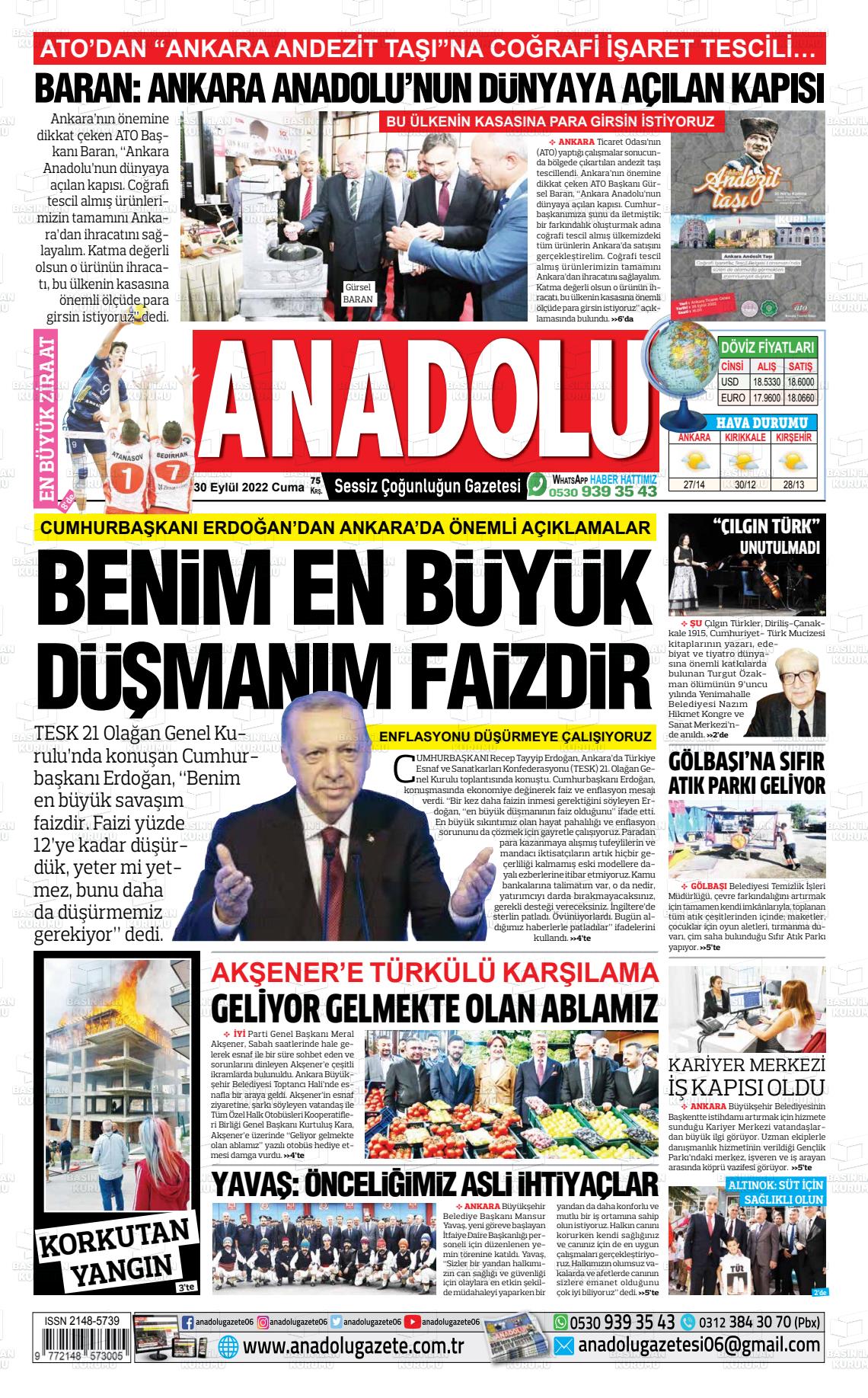 30 Eylül 2022 Ankara Anadolu Gazete Manşeti