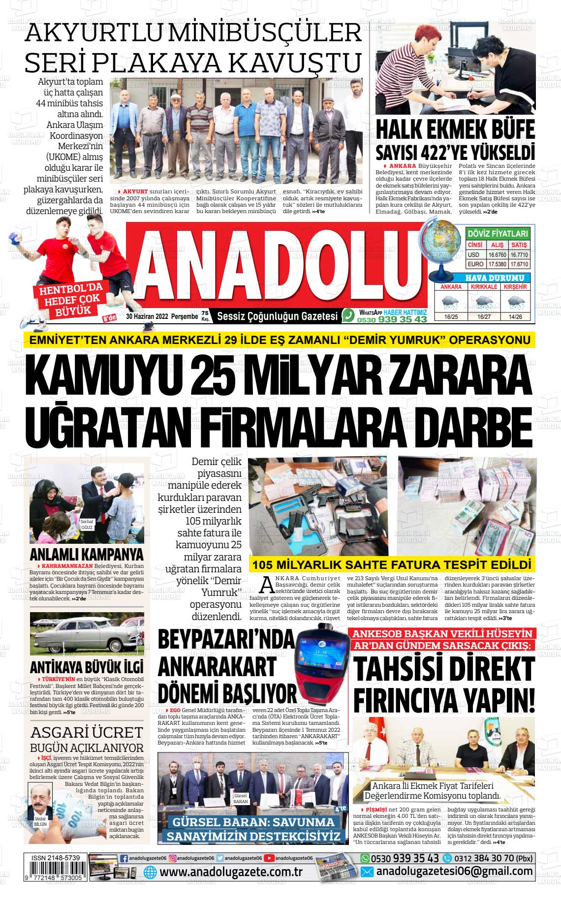 30 Haziran 2022 Ankara Anadolu Gazete Manşeti