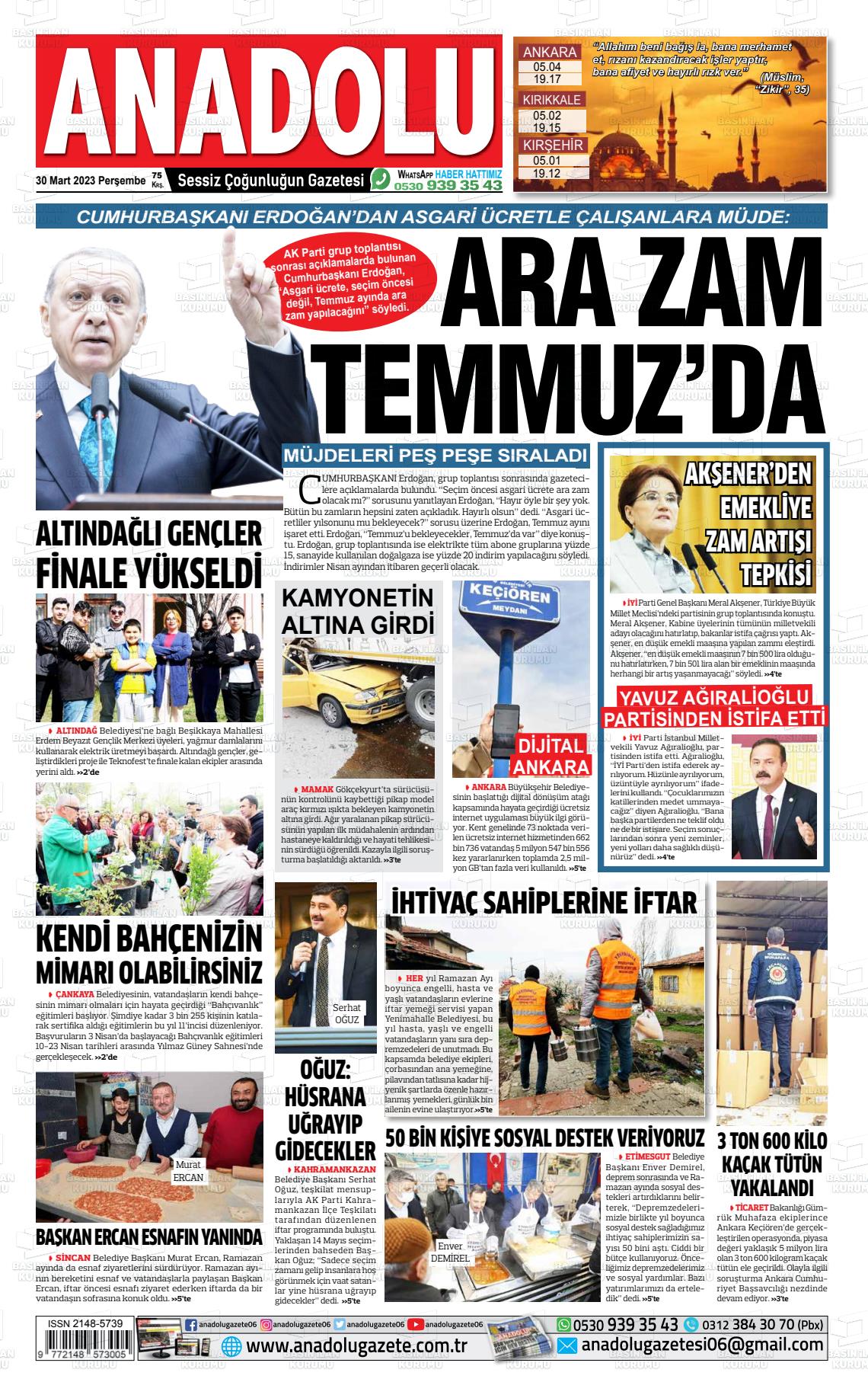 30 Mart 2023 Ankara Anadolu Gazete Manşeti