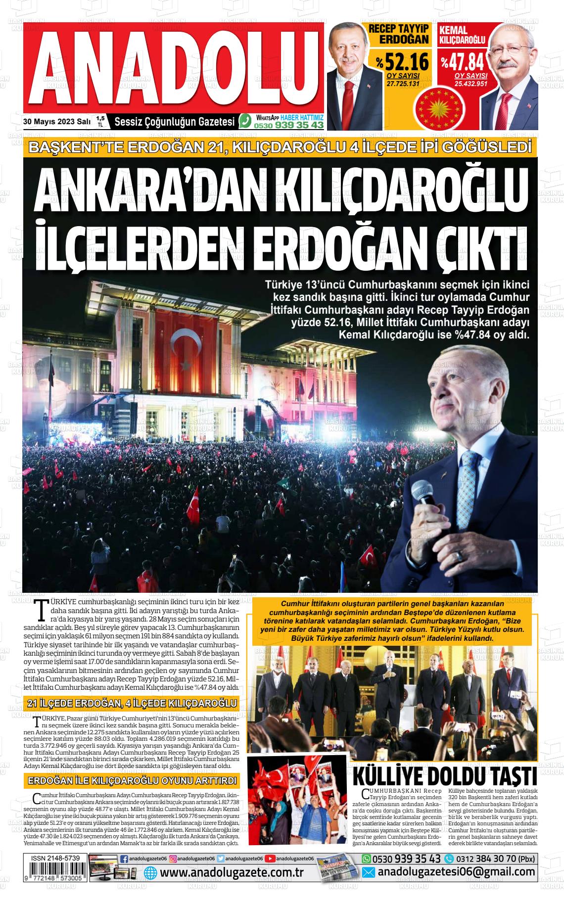 30 Mayıs 2023 Ankara Anadolu Gazete Manşeti