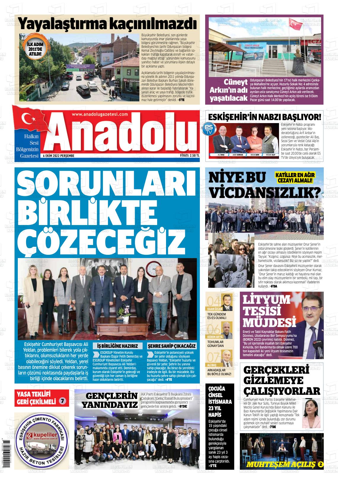 06 Ekim 2022 Anadolu Gazete Manşeti
