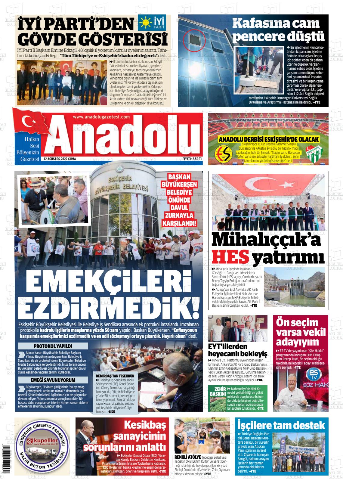 12 Ağustos 2022 Anadolu Gazete Manşeti