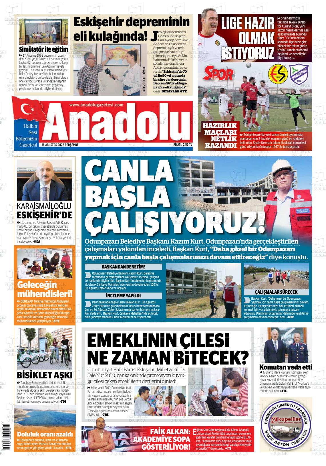 18 Ağustos 2022 Anadolu Gazete Manşeti