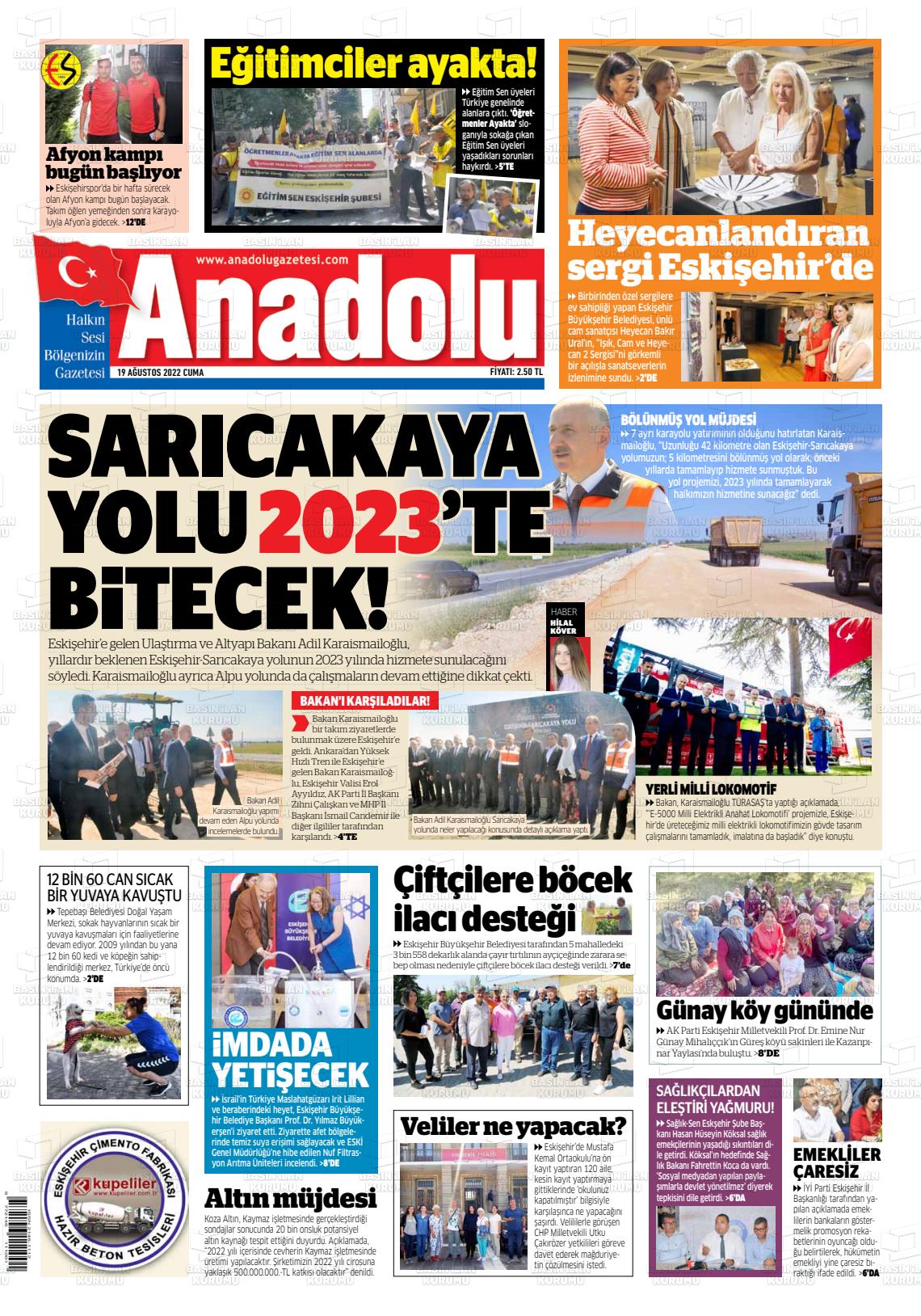 19 Ağustos 2022 Anadolu Gazete Manşeti