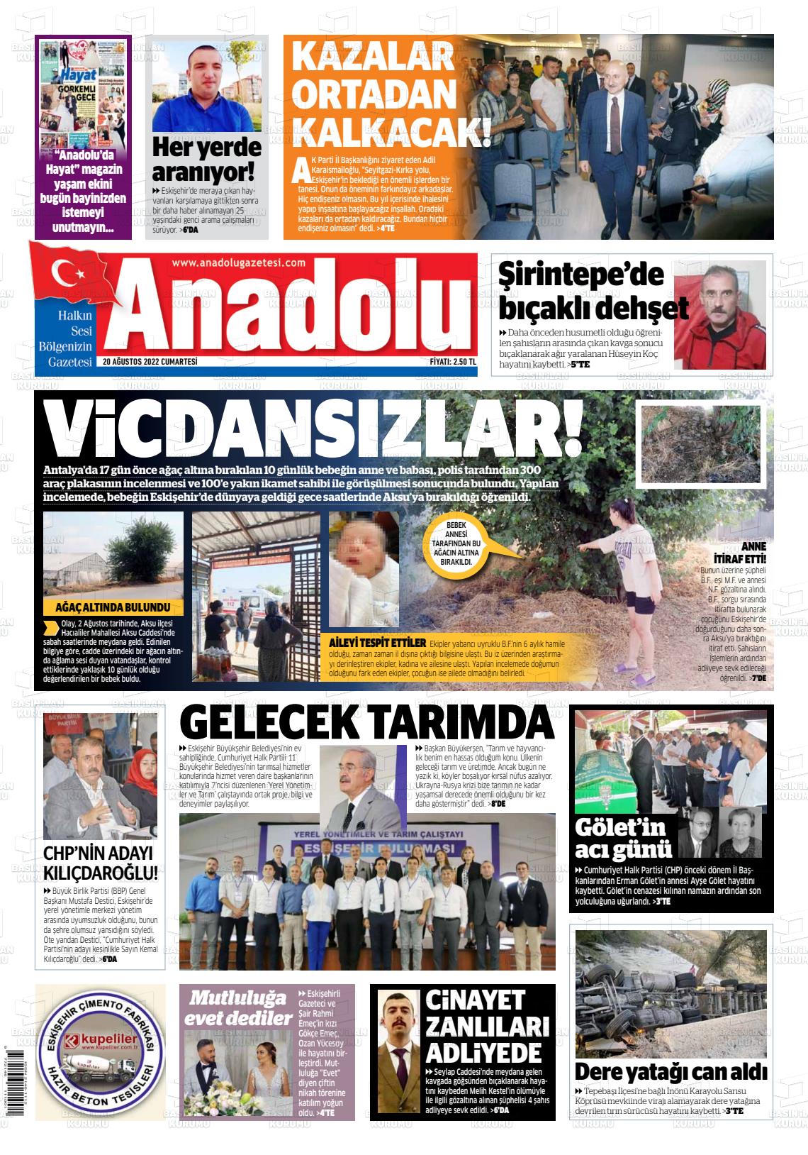 20 Ağustos 2022 Anadolu Gazete Manşeti