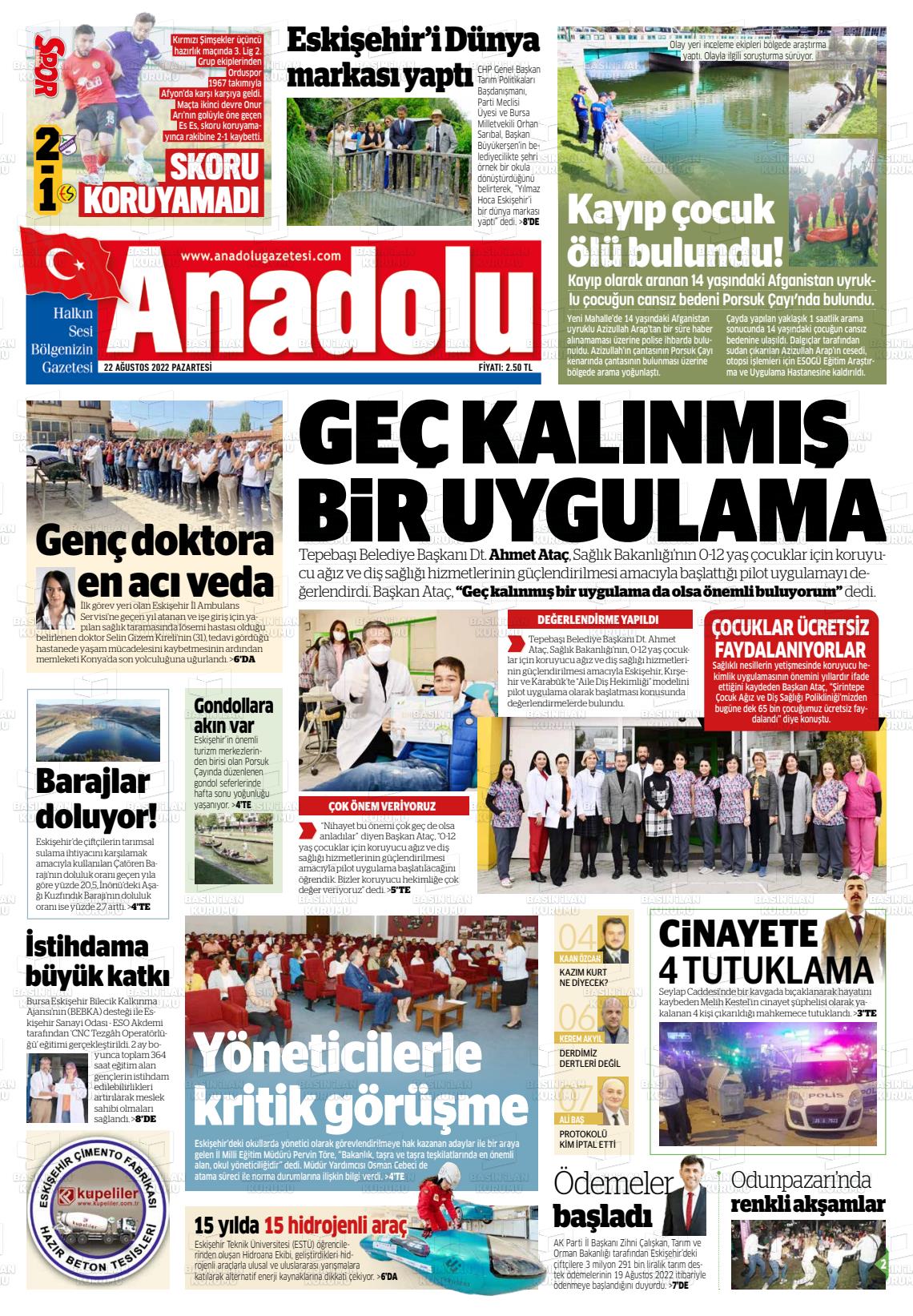 22 Ağustos 2022 Anadolu Gazete Manşeti