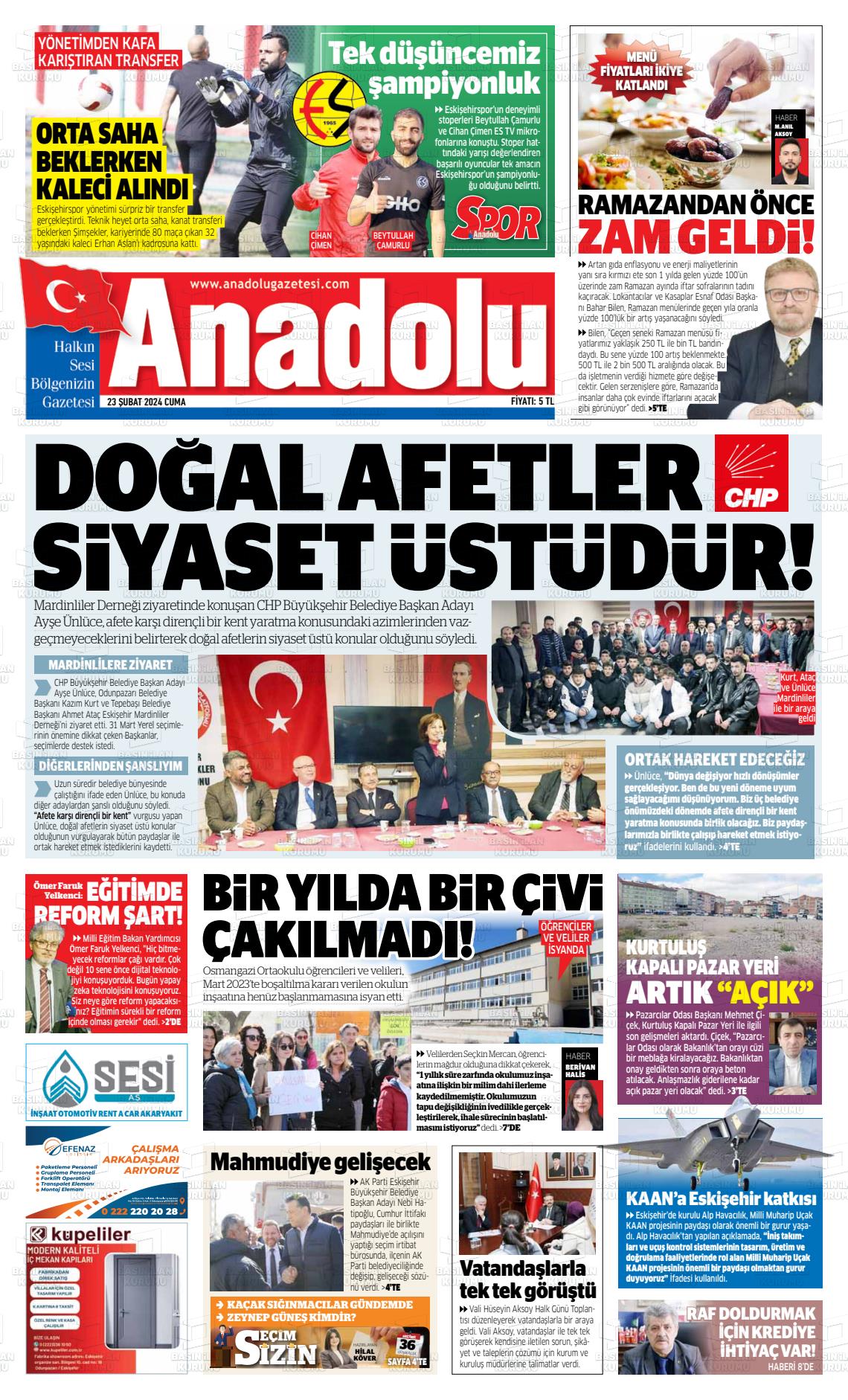 23 Şubat 2024 Anadolu Gazete Manşeti