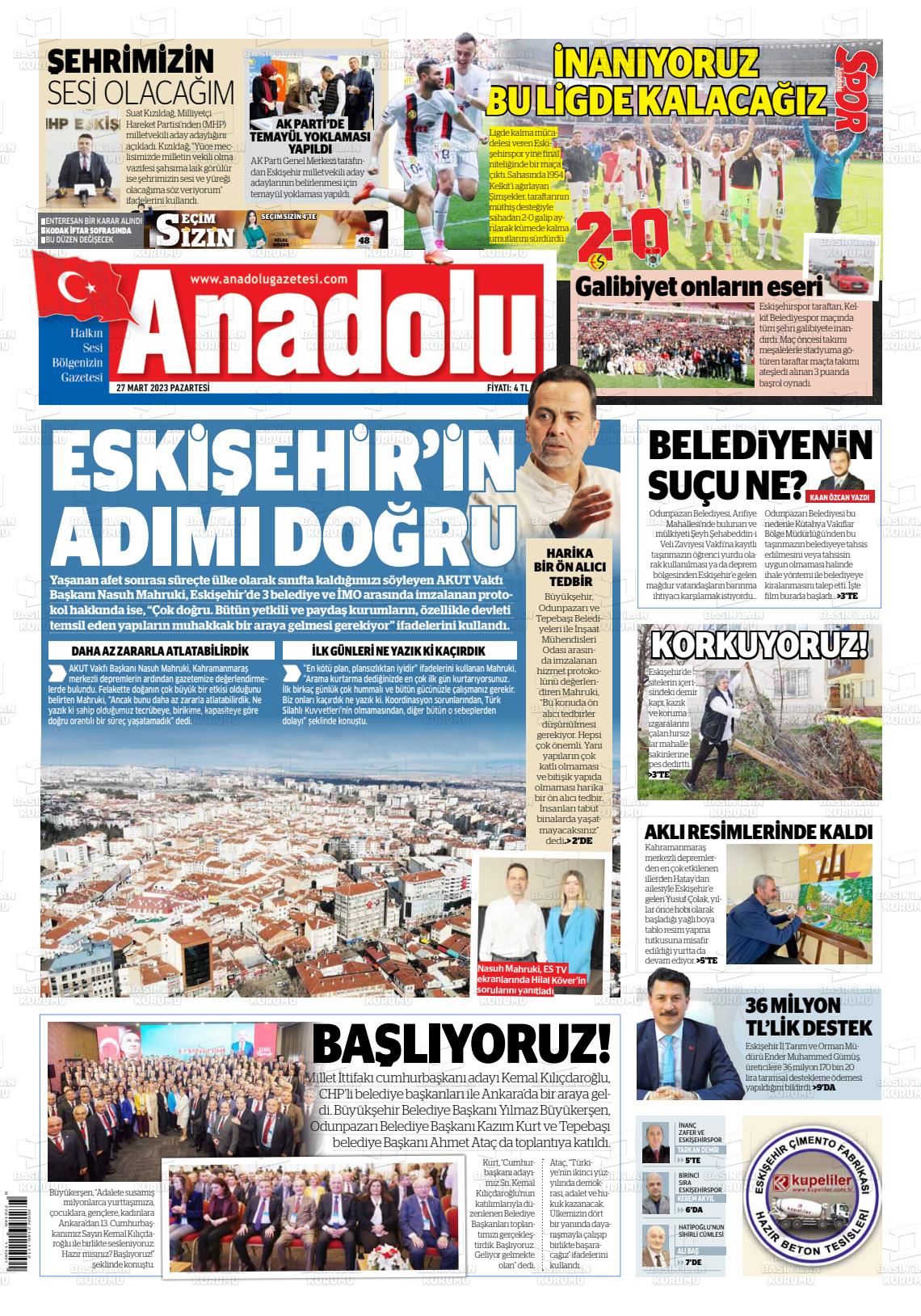 27 Mart 2023 Anadolu Gazete Manşeti