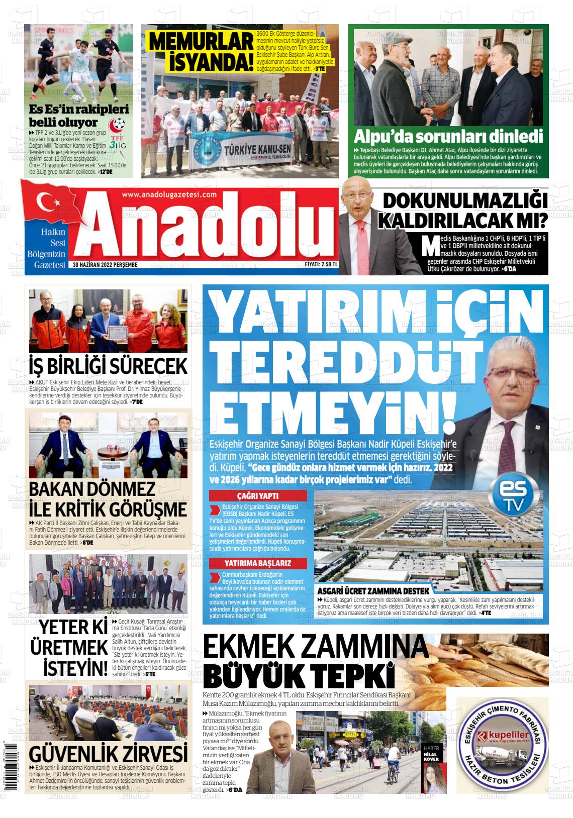 01 Temmuz 2022 Anadolu Gazete Manşeti