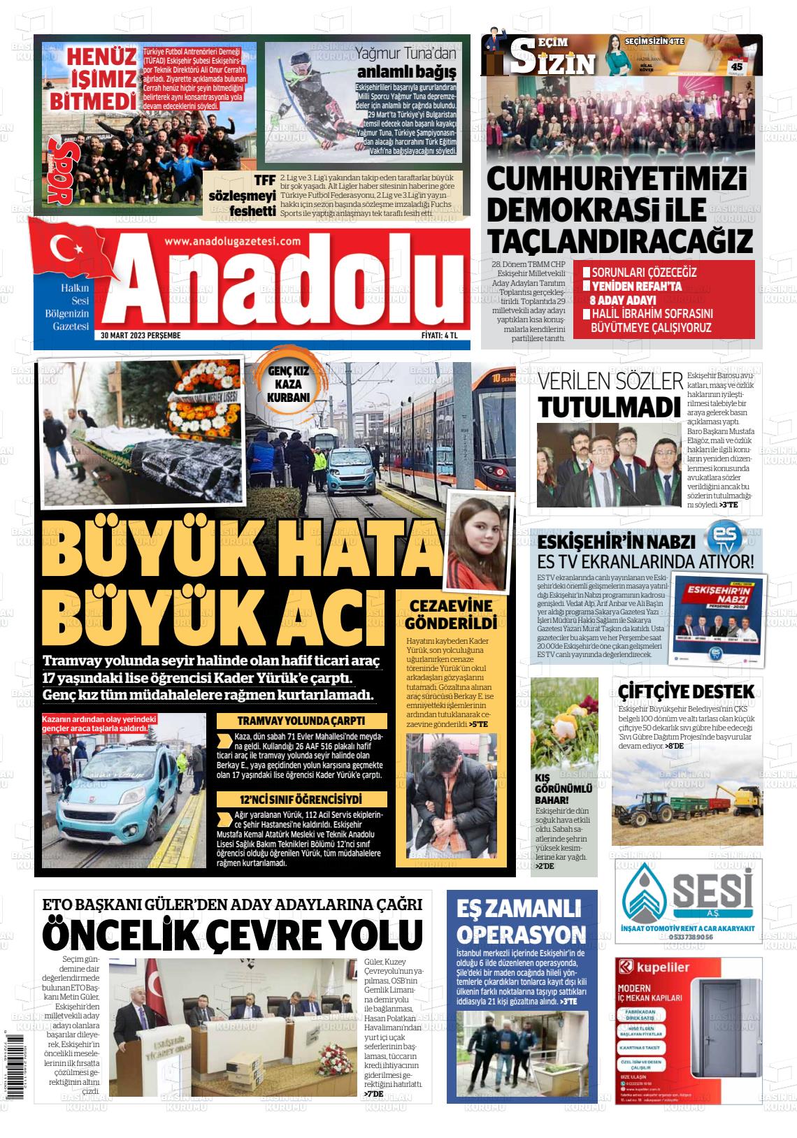 30 Mart 2023 Anadolu Gazete Manşeti