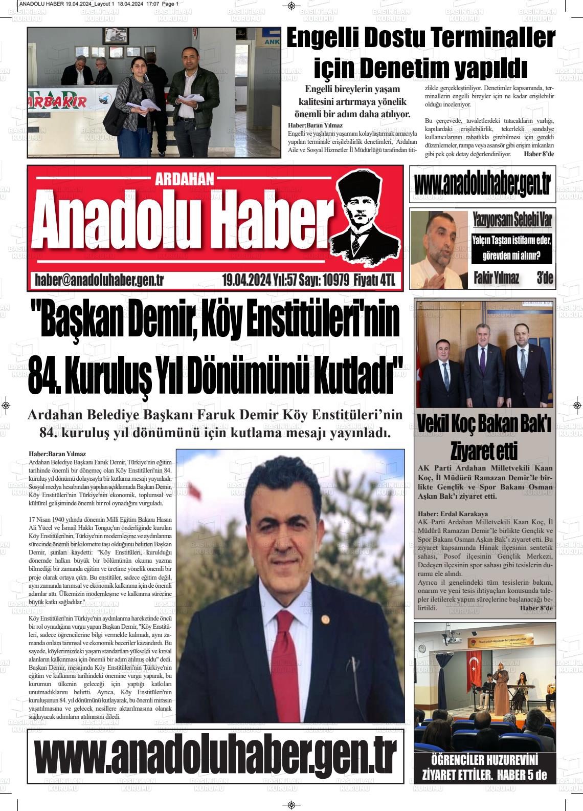 19 Nisan 2024 Ardahan Anadolu Haber Gazete Manşeti