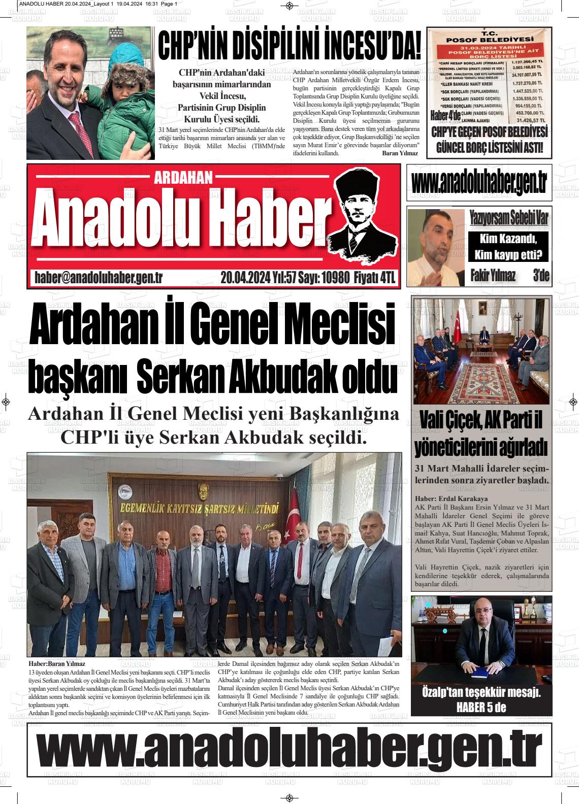 20 Nisan 2024 Ardahan Anadolu Haber Gazete Manşeti