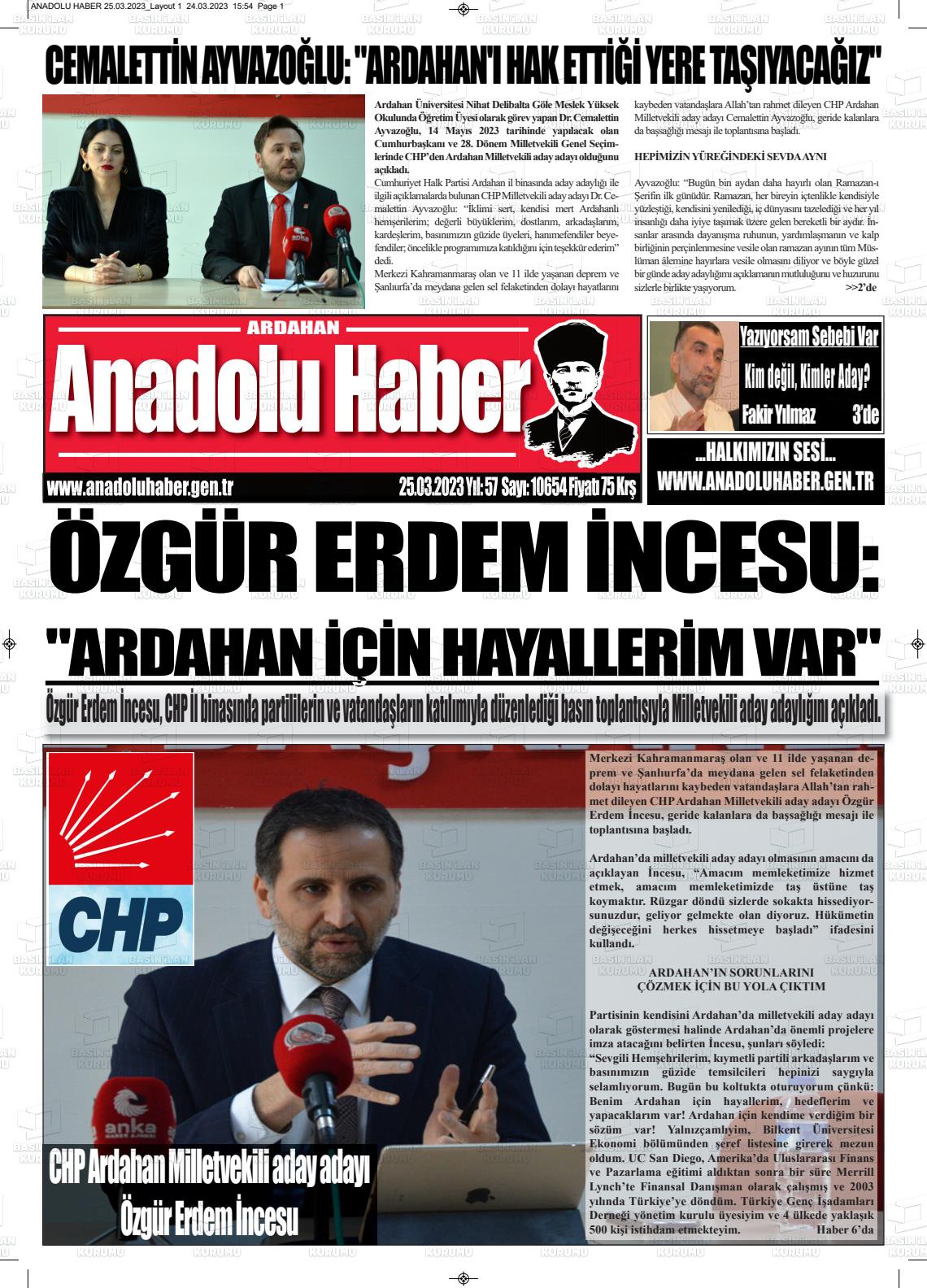 25 Mart 2023 Ardahan Anadolu Haber Gazete Manşeti