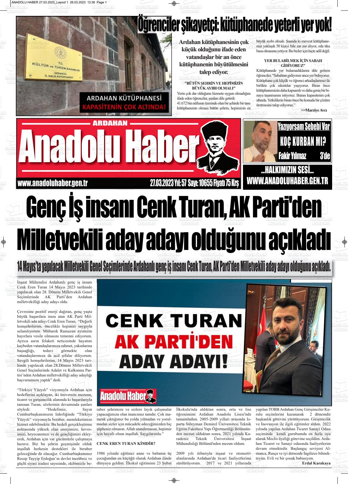 27 Mart 2023 Ardahan Anadolu Haber Gazete Manşeti