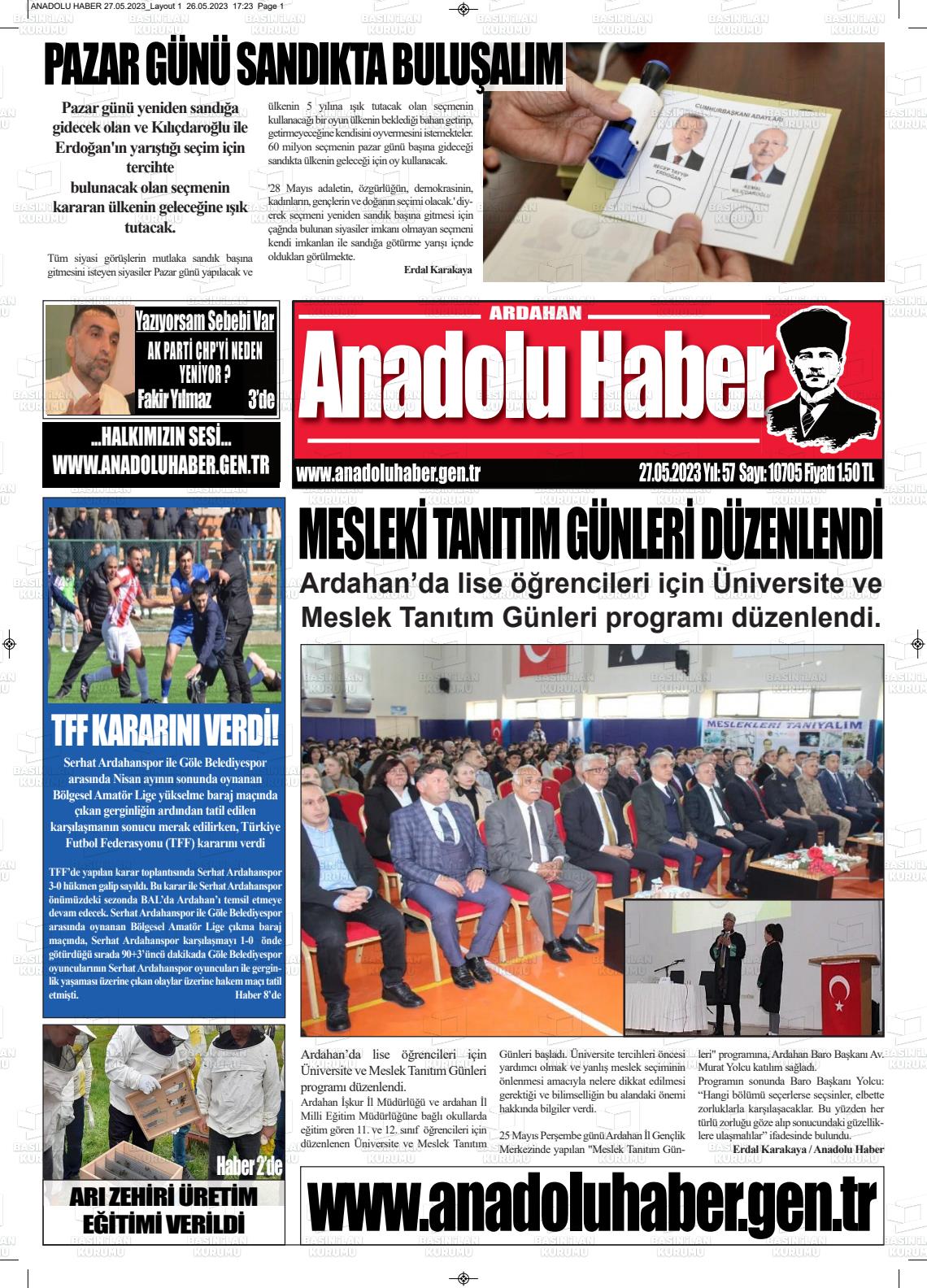 27 Mayıs 2023 Ardahan Anadolu Haber Gazete Manşeti