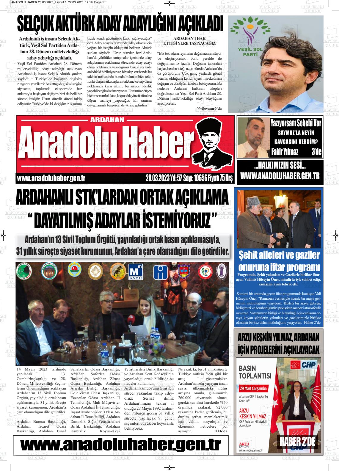 28 Mart 2023 Ardahan Anadolu Haber Gazete Manşeti