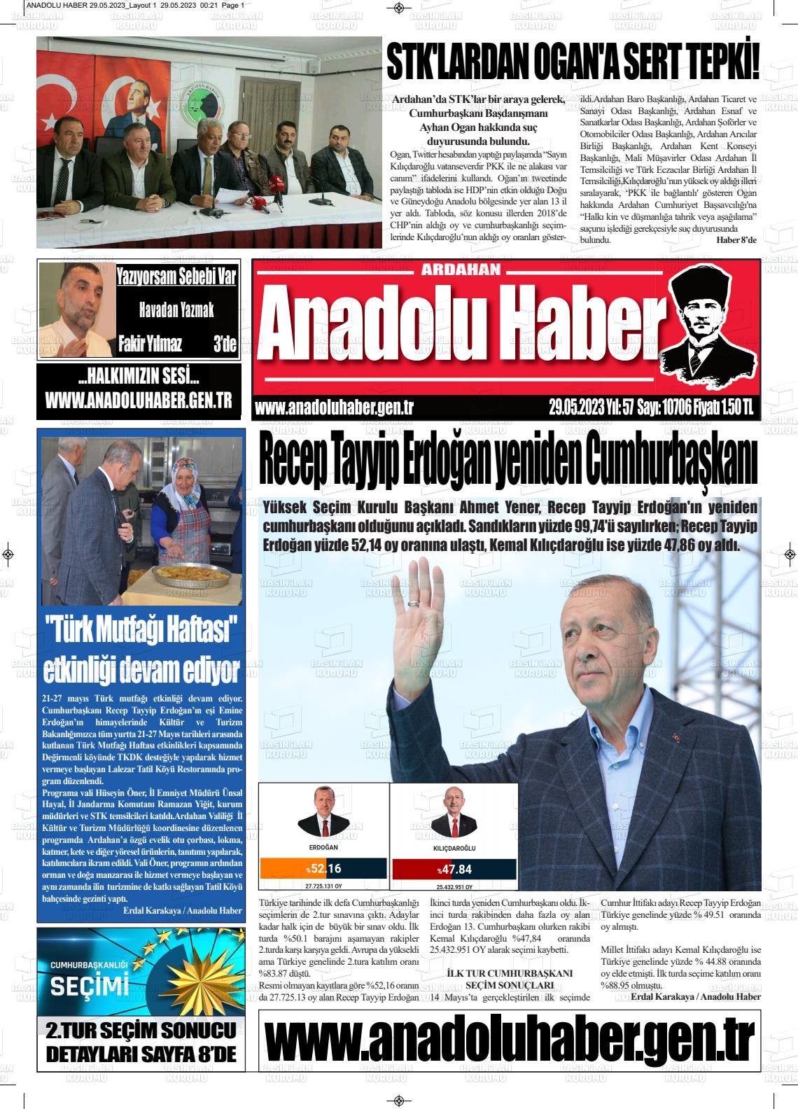 29 Mayıs 2023 Ardahan Anadolu Haber Gazete Manşeti
