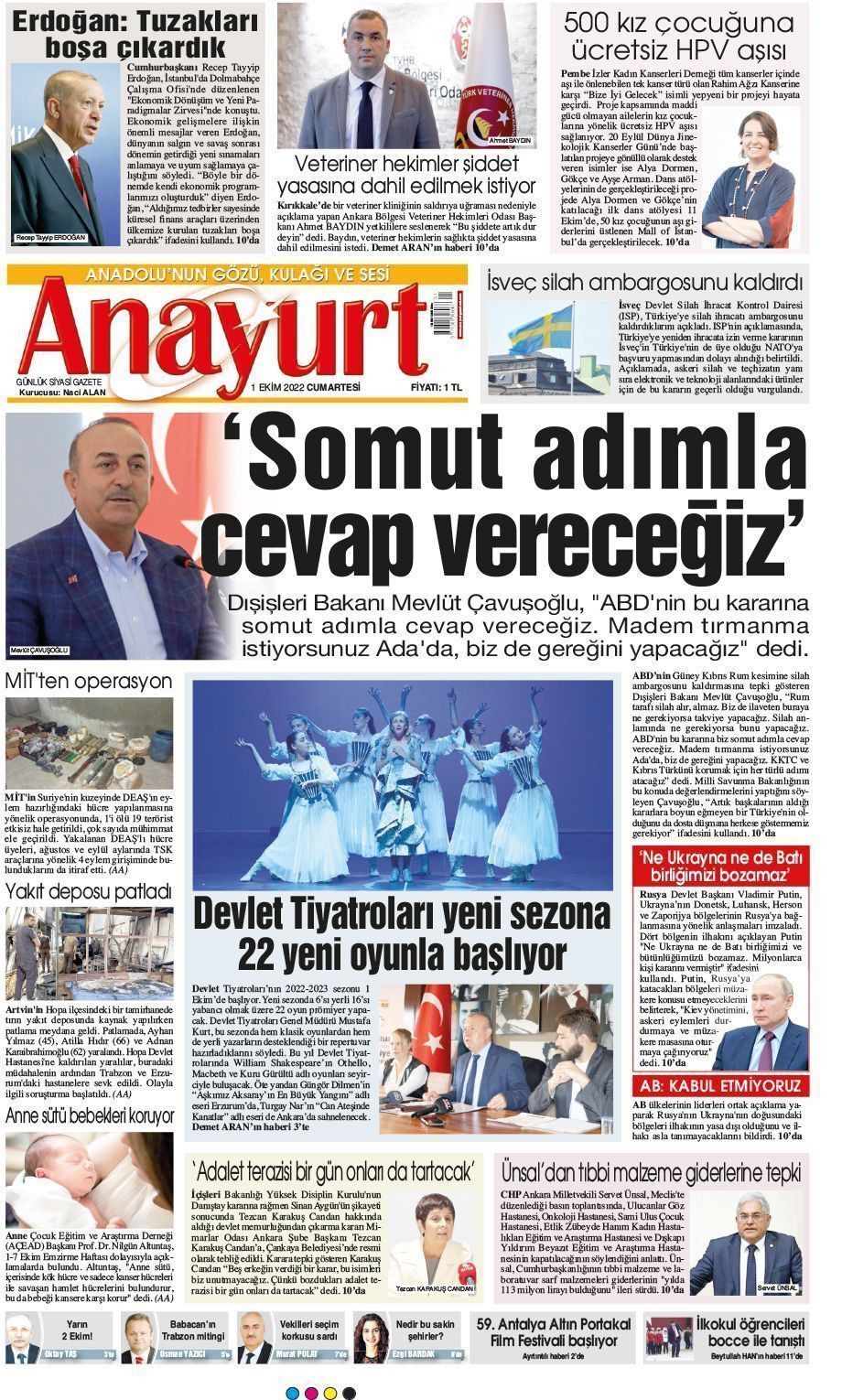 01 Ekim 2022 Anayurt Gazete Manşeti