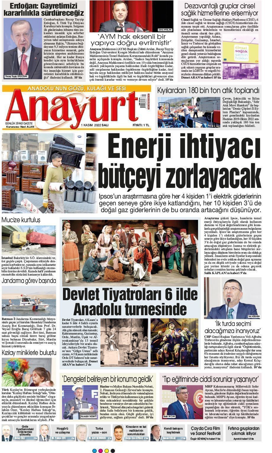 01 Kasım 2022 Anayurt Gazete Manşeti