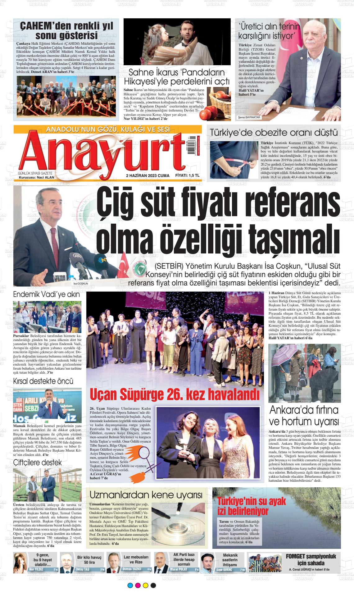 02 Haziran 2023 Anayurt Gazete Manşeti