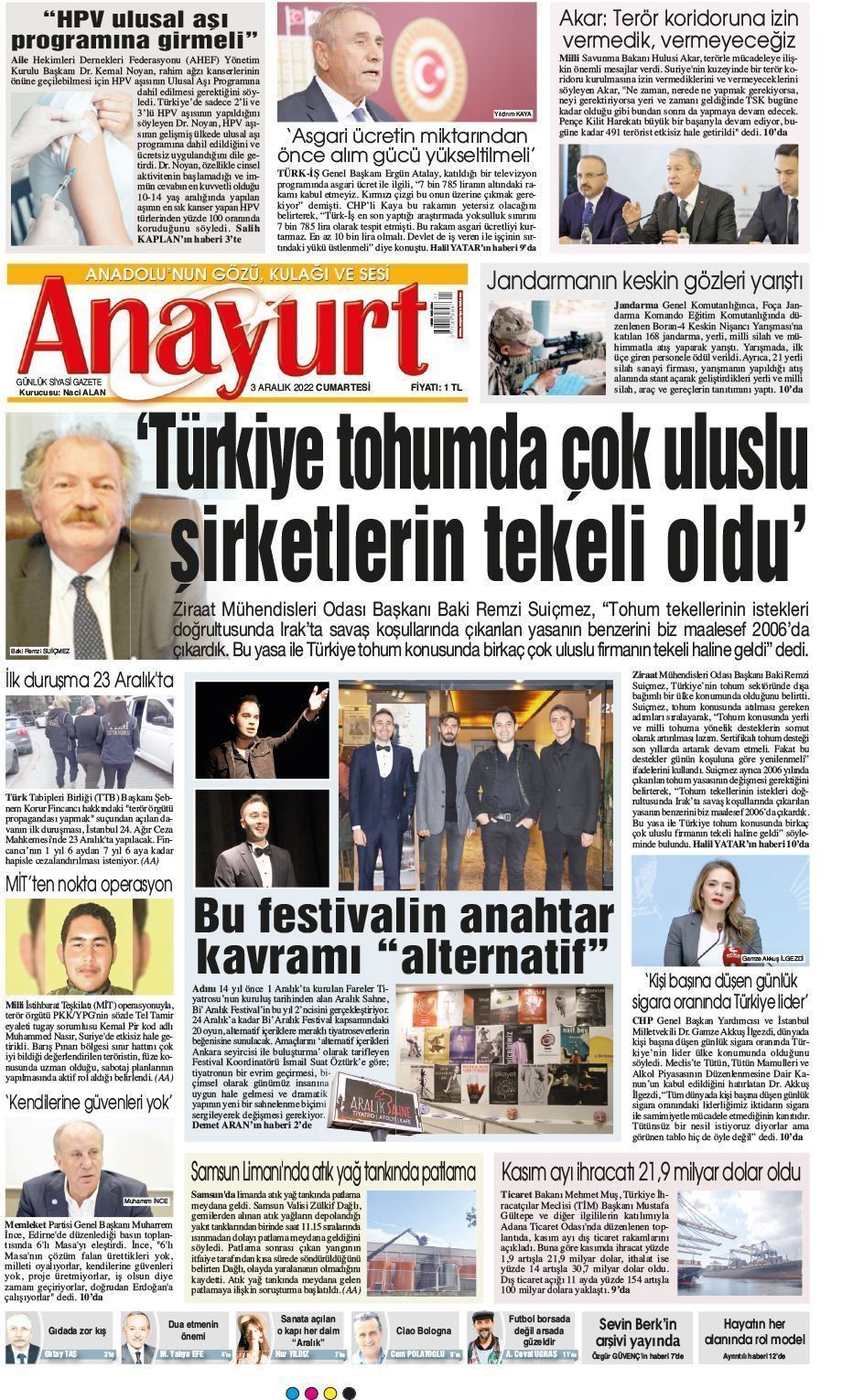 03 Aralık 2022 Anayurt Gazete Manşeti