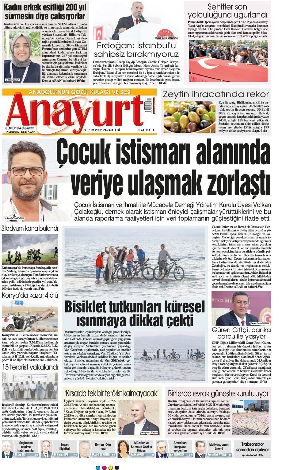 03 Ekim 2022 Anayurt Gazete Manşeti