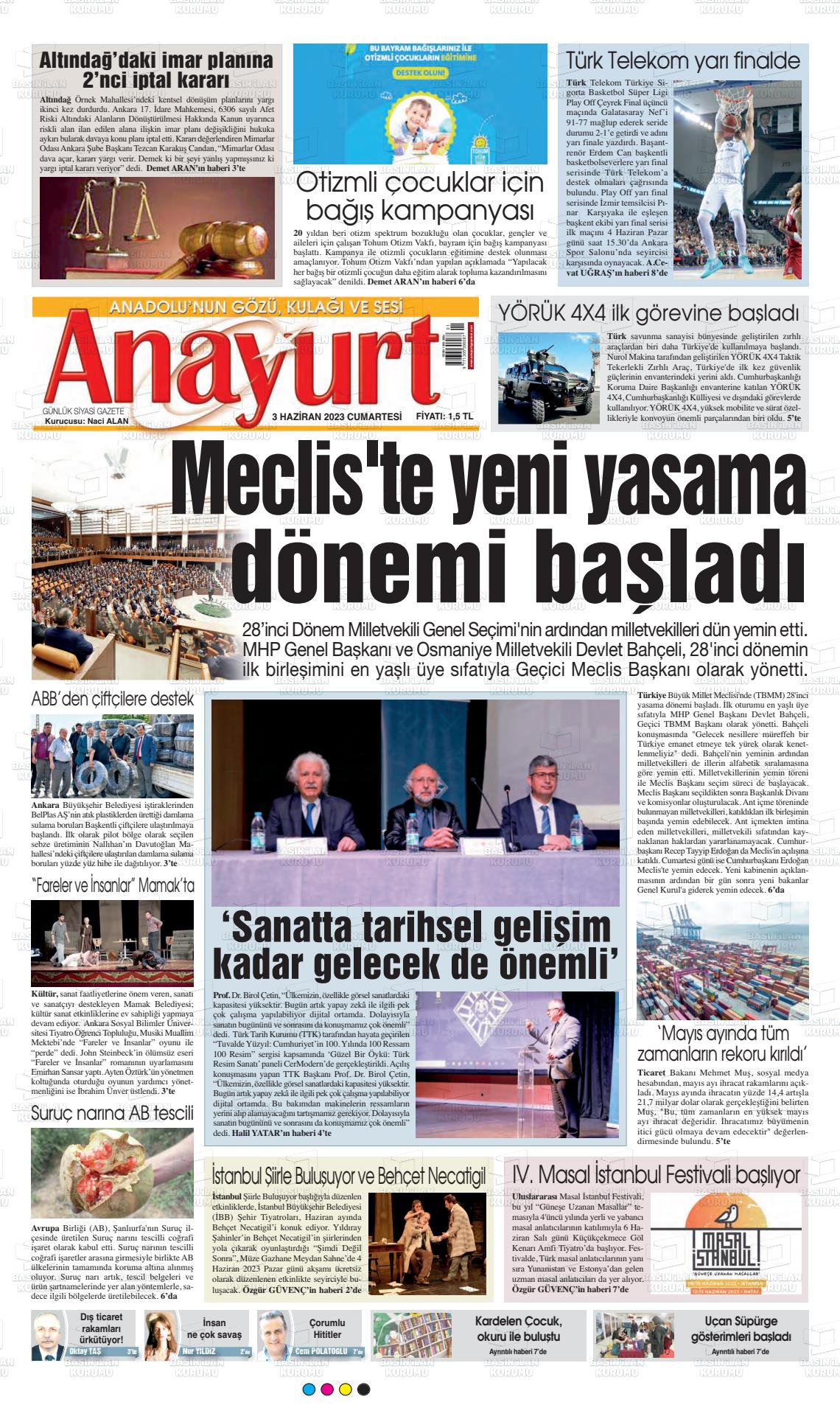 03 Haziran 2023 Anayurt Gazete Manşeti