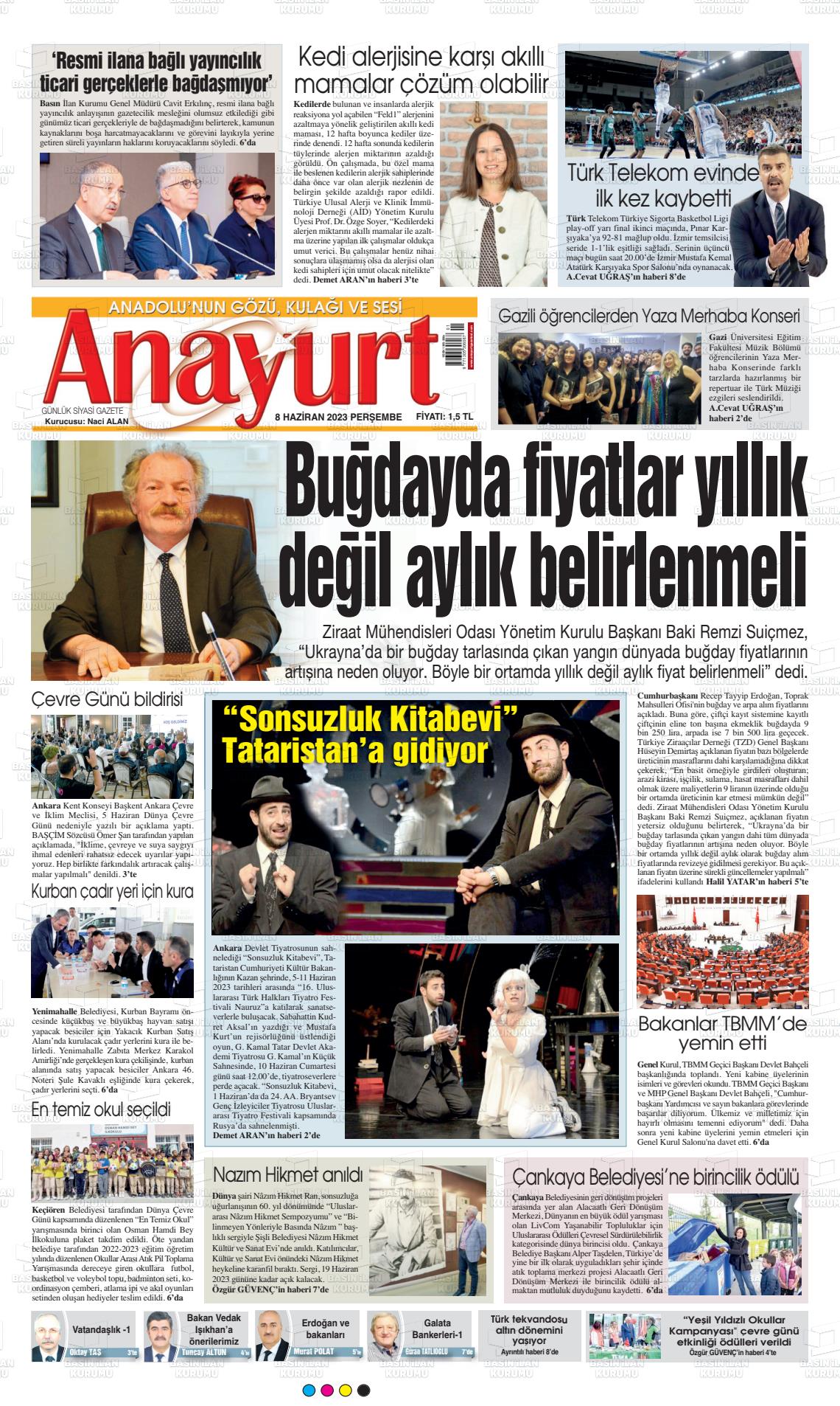 08 Haziran 2023 Anayurt Gazete Manşeti