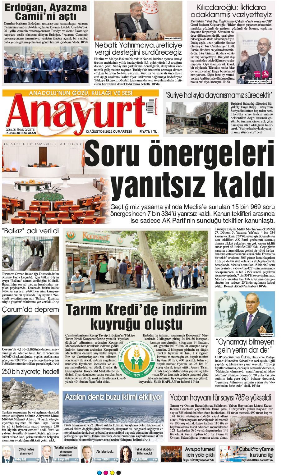 14 Ağustos 2022 Anayurt Gazete Manşeti