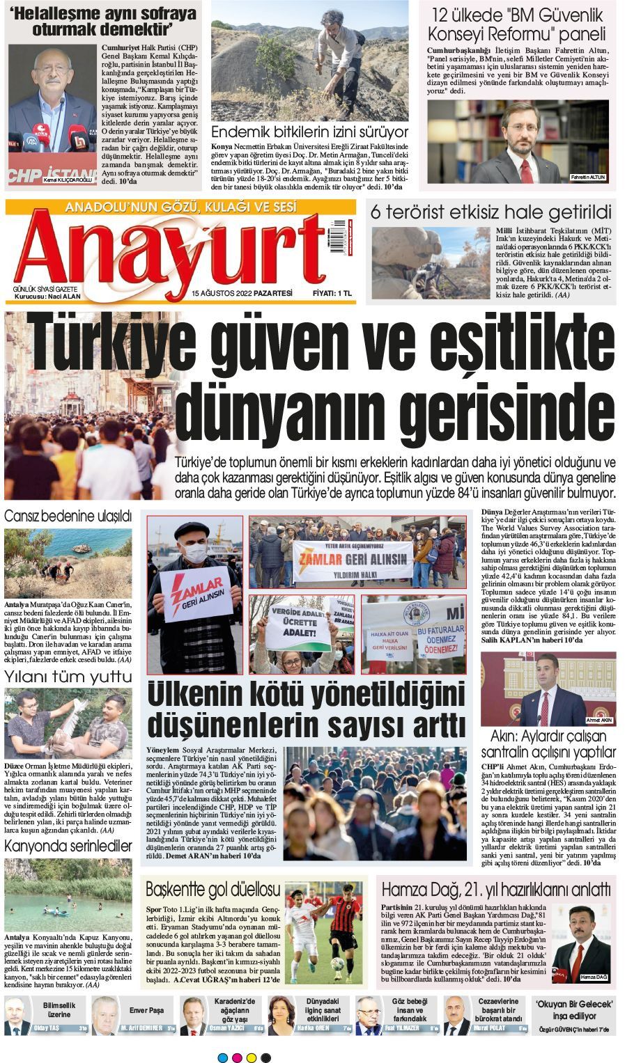 15 Ağustos 2022 Anayurt Gazete Manşeti