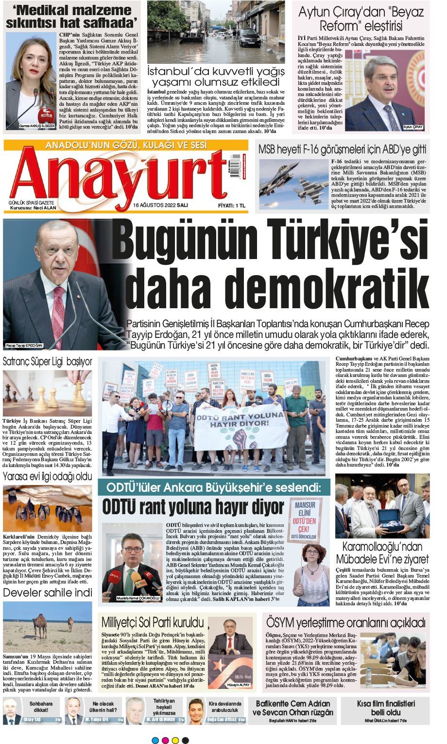 16 Ağustos 2022 Anayurt Gazete Manşeti