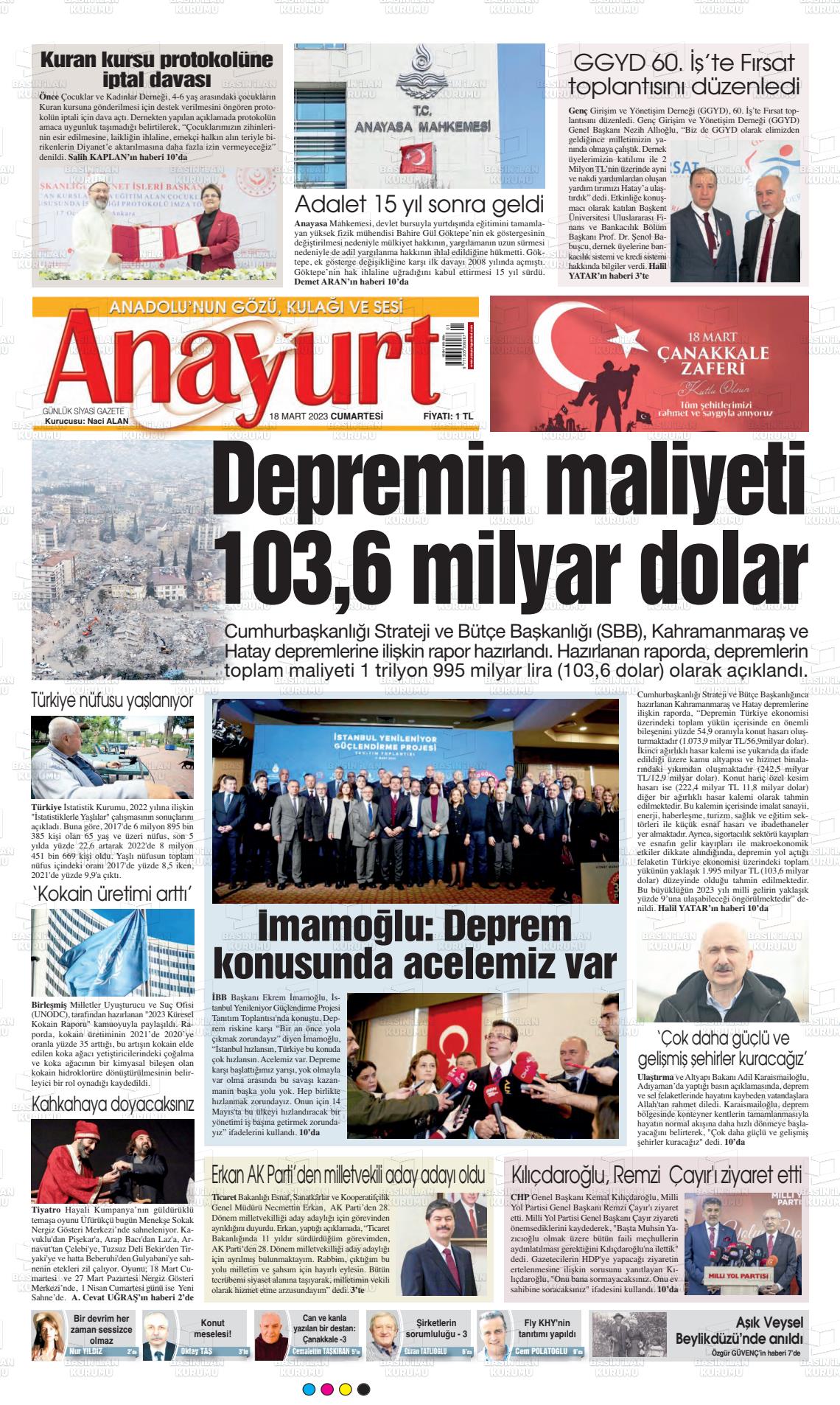 18 Mart 2023 Anayurt Gazete Manşeti