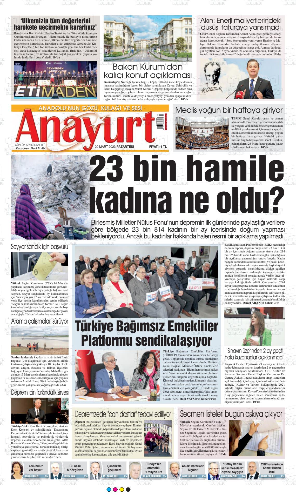 20 Mart 2023 Anayurt Gazete Manşeti