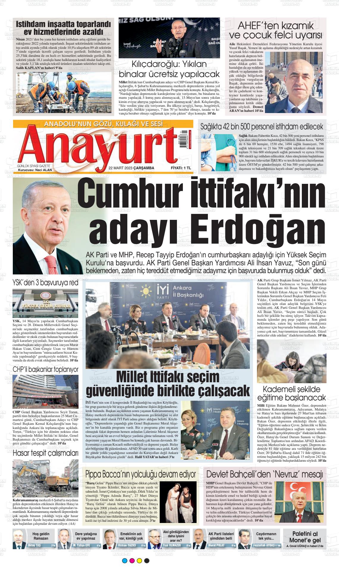 22 Mart 2023 Anayurt Gazete Manşeti